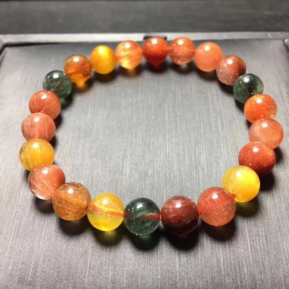 

Genuine Natural Colorful Rutilated Quartz Crystal Bracelet Women Men Round Bead Stone Cat Eye Luxury Stretch 9mm AAAAA