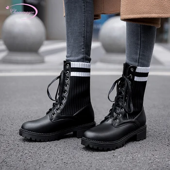 

Casual style comfortable round toe ankle boots lace-up wool platform medium with thick heels motorcycle boots women's shoes
