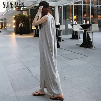 

SuperAen 2020 Korean Style Long Dress Women Summer New Cotton Ladies Dress Solid Color Fashion Women Clothing