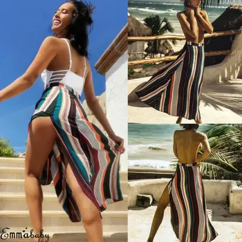 

Boho Gypsy Women Floral Long Maxi Skirt Casual Summer Split Beach Wrap Sun Striped Ankle-Length