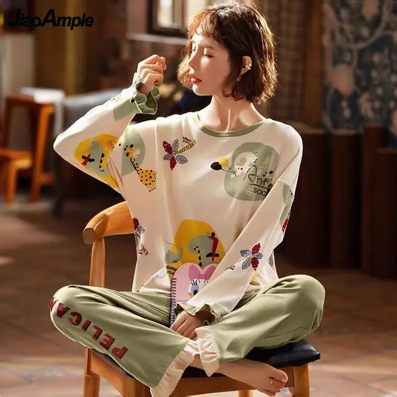 Women's Pajamas Set 2021 Fall New Long-sleeved Trousers Two-piece Nightwear Korean Loose Sleepwear Home Clothes Suit