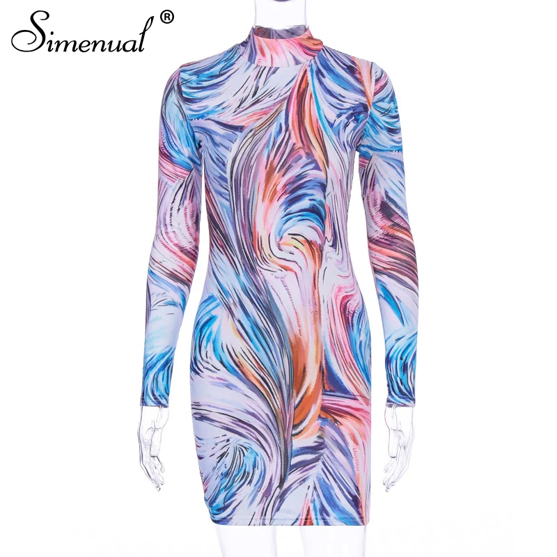Simenual Fashion Printed Bodycon Women Mini Dress Party Sexy Skinny Clubwear Long Sleeve 2020 Spring Dresses Basic Slim Female