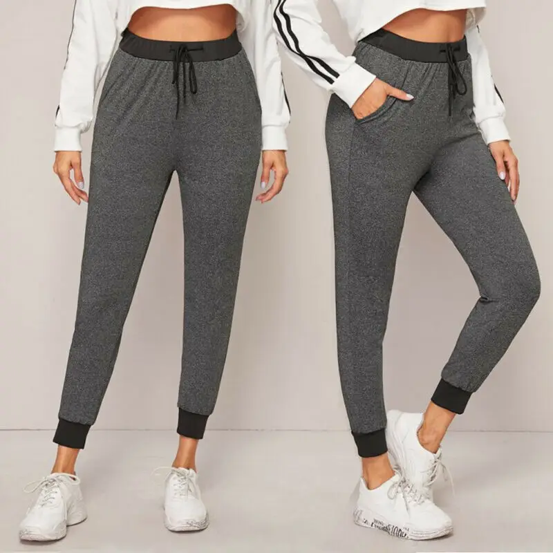 

2020 Women High Waist Trousers Ladies Fitness Leggings Joggers Gym Pants Pocket Drastring Ladies Trousers Patchwork Womens Pants