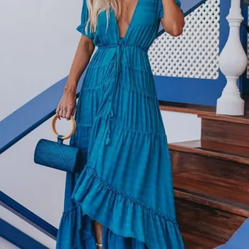 

2020 Bohemia Long Dresses For Women Turkish Deep V Neck Ruffle Dress Elegant Plus Size Female Frocks Clothing Saida De Praia