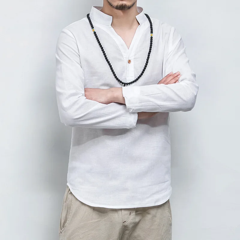 Китайская традиционная Льняная блуза с v-образным вырезом повседневная одежда мужская футболка большого размера топ с длинными рукавами футболка кунг-фу костюм ханфу наряд - Цвет: Белый