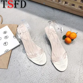 

Buckle Women's Shoes Transparent Tape PVC Ladies Sandals Round Heel Woman Shoe Open Toe Slippers Fashion Women Pumps Shoes J2