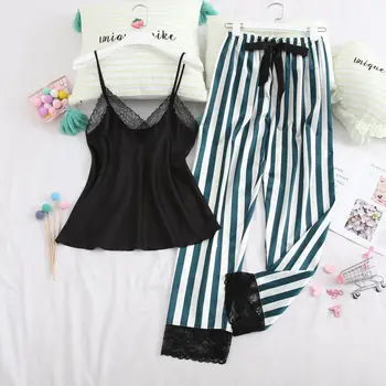

2PCS Sleepwear Women Pajamas Sets Satin Suspenders&Pants Sexy Lace Nighty And Trousers Female Casual Pajamas Suit Home Wear