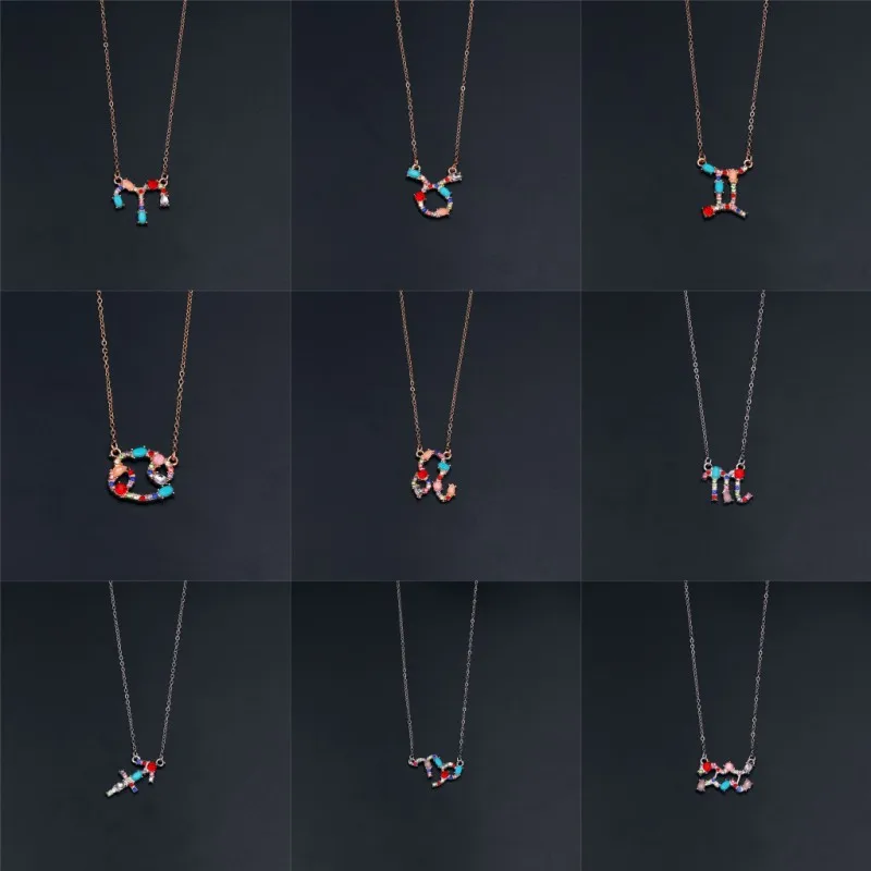 

BOAKO 12 Constellation Jewelry Zodiac Necklace Multicolor Rhinestone Crystal Necklaces & Pendants Choker Necklace for Women Gift