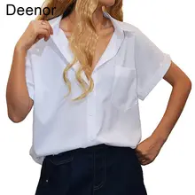 

Deenor Blouse for Women's Short Sleeve T-shirt V-neck Button Up Shirt Top with Pocket Soild Shirts Tops Femme Fashion Blouse