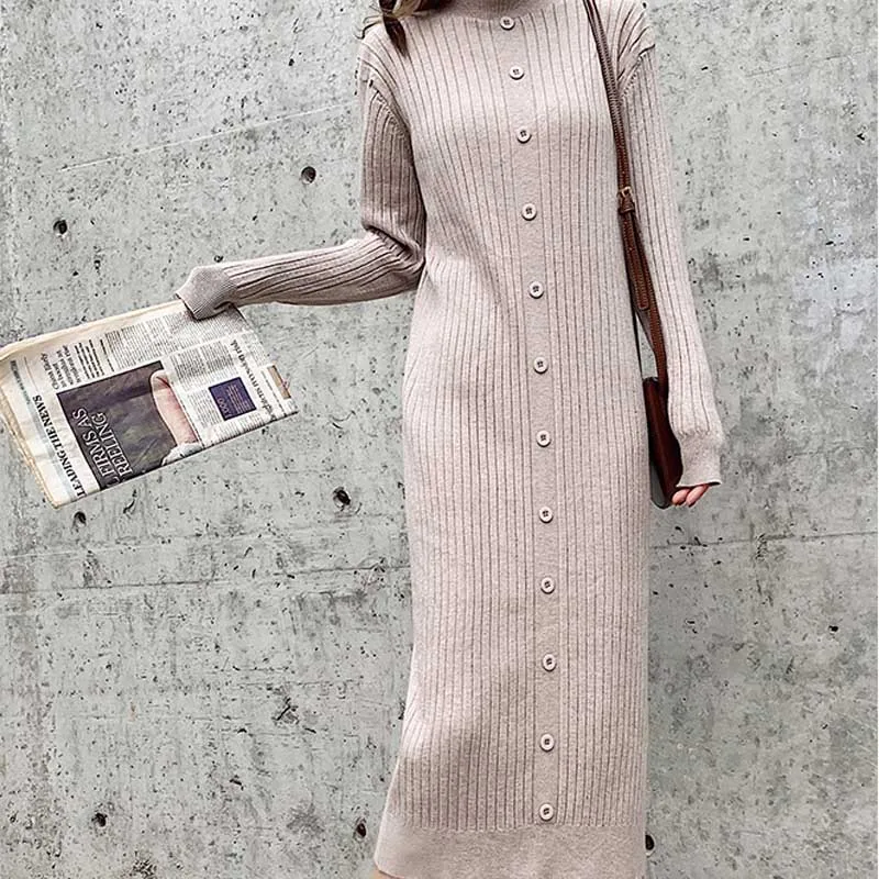 One-Piece Women Fashion Slim Buttocks Dress 2020 Autumn Winter Long Sleeve Vintage Single-Breasted Knitted Sweater Dress Female