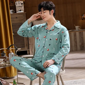 

Autumn and Spring Knitted Cotton Men's Pajamas Long-sleeved Cardigan Plus Size Home Service Suit Double-sided Pigiama Uomo 2020