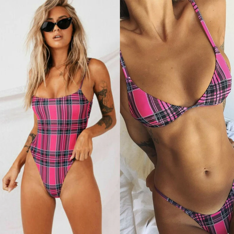

2020 New Hot Summer Sexy Fashion Latest Female Lady Women Swimwear One Piece Print Swimsuit Monokini Push Up Plaid Bikini Set