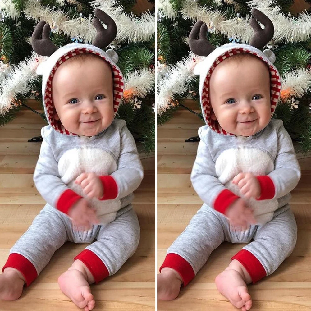 Рождественская Одежда для новорожденных; осенняя одежда серого цвета для маленьких мальчиков; комбинезон с капюшоном с рогами для мальчиков; Комбинезоны для маленьких мальчиков; Рождественская одежда