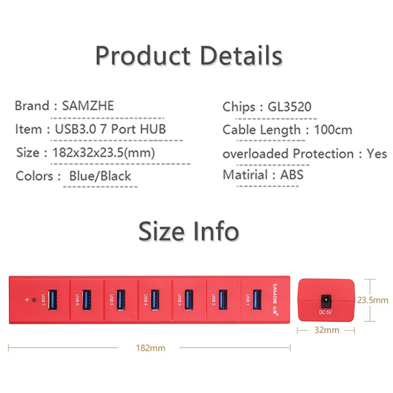 SAMZHE супер Скорость Портативный 7 Порты USB 3 0 концентратор 5V 2A зарядки для