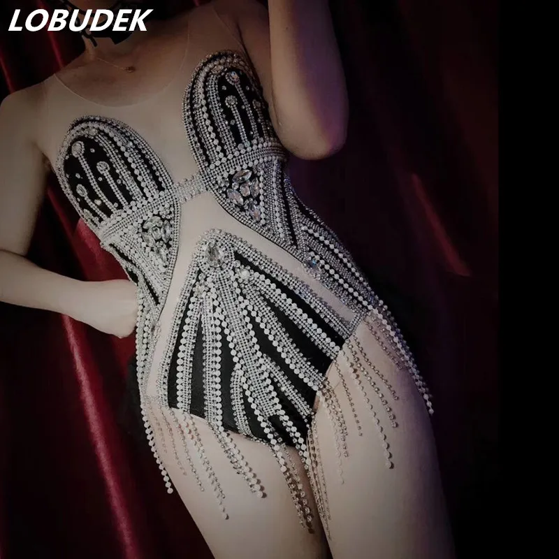 

Bar Nightclub Lady Sexy Costume Sparkly Rhinestones Beading Bodysuit Elastic Mesh Tights DJ Singer Dancer Performance Stage Wear