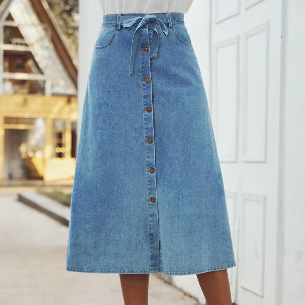 

2020 European Cross-Border Women's Washed Blue High-Waist Denim Buttons Skirt