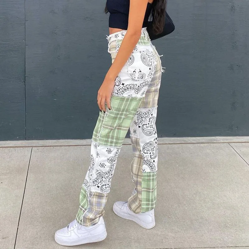 

2021 Spring/Autumn Personality Street Plaid Printing Stitching Retro Totem Contrast Color Blush Short Denim Pants Straight Pants