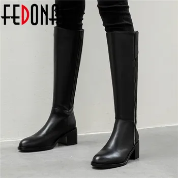

FEDONAS Metal Rivets Knee High Boots For Women Wide Calf Genuine Leather Ziper Thick Heels Shoes Woman Working Slim Long Shoes