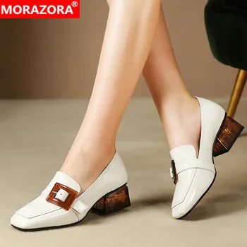 

MORAZORA 2020 spring summer women shoes med heels square toe casual shoes genuine leather buckle solid color women pumps