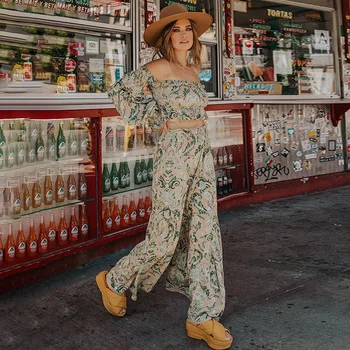 

Summer Clothes For Women Bohemian 2 Piece Sets Womens Outfits Two Set Top And Pants Floral 2020 New Neck Elastic Binding Panel