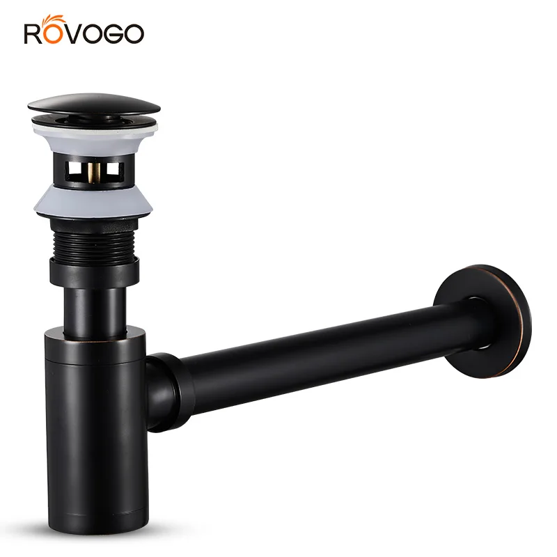 ROVOGO Bathroom Sink Stopper P-Trap Adjustable Bottle Trap Solid Brass Sink Drain Kit Tube with Pop Up Drain Stopper Black