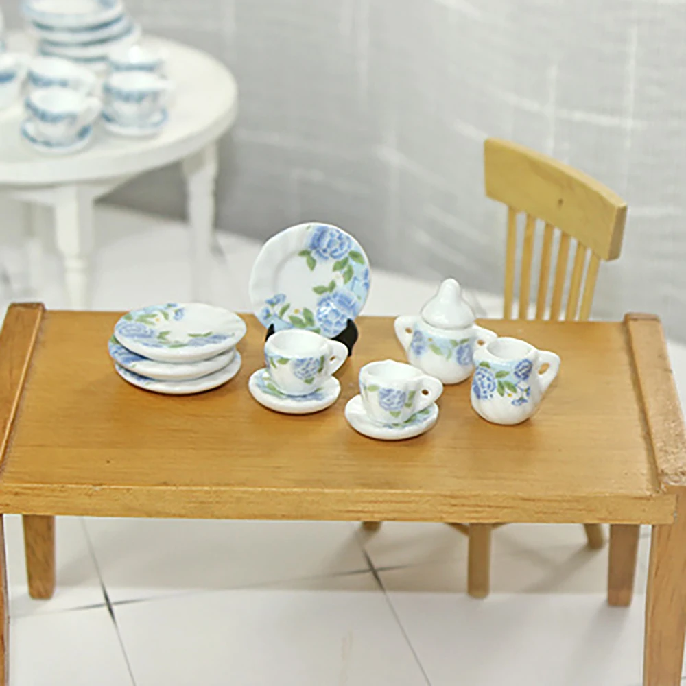 15Pcs 1/12 Dollhouse Miniature Accessories Mini Ceramics Tea Set Simulation Kettle Plate Cup Model Toy for Doll House Decoration
