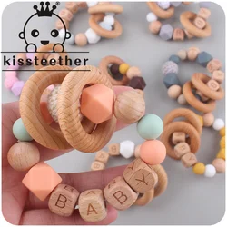 Kisteether novos produtos do bebê feito sob encomenda letras de madeira faia diy nome calmante bebê silicone grânulos faia mordedor pulseira brinquedo