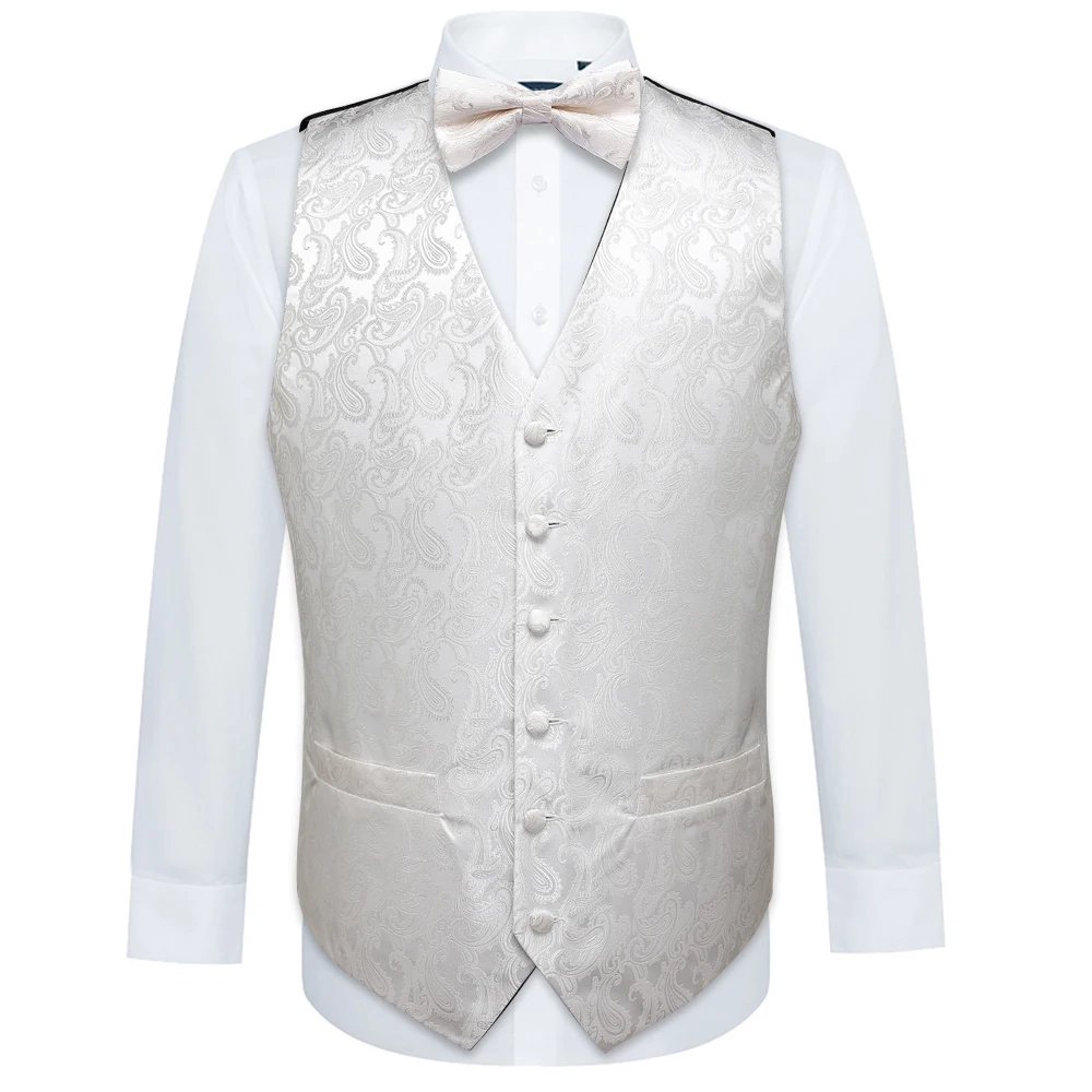 

White Folral Suit Vests Mens Silk Waistcoat Vest Classic Handkerchief Bowtie Butterfly Handkerchief Set Barry.wang Designer