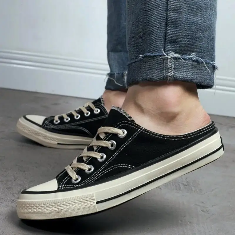 Men Canvas Sneakers Lovers Comfortable Slip-on Shoes Flats Casual Women Half Slipper Breathable Walking Shoes Plus Large Size 44 4