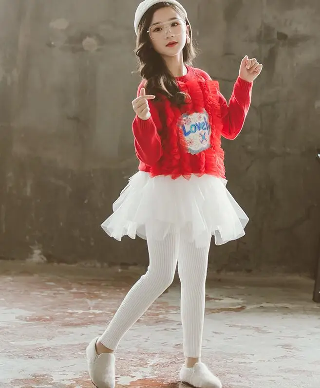 10.22th Ship) Good Quality Girls 2 pcs Suits Winter Knitted lace stitching sweater+ Gauze skirt trousers Children's suit