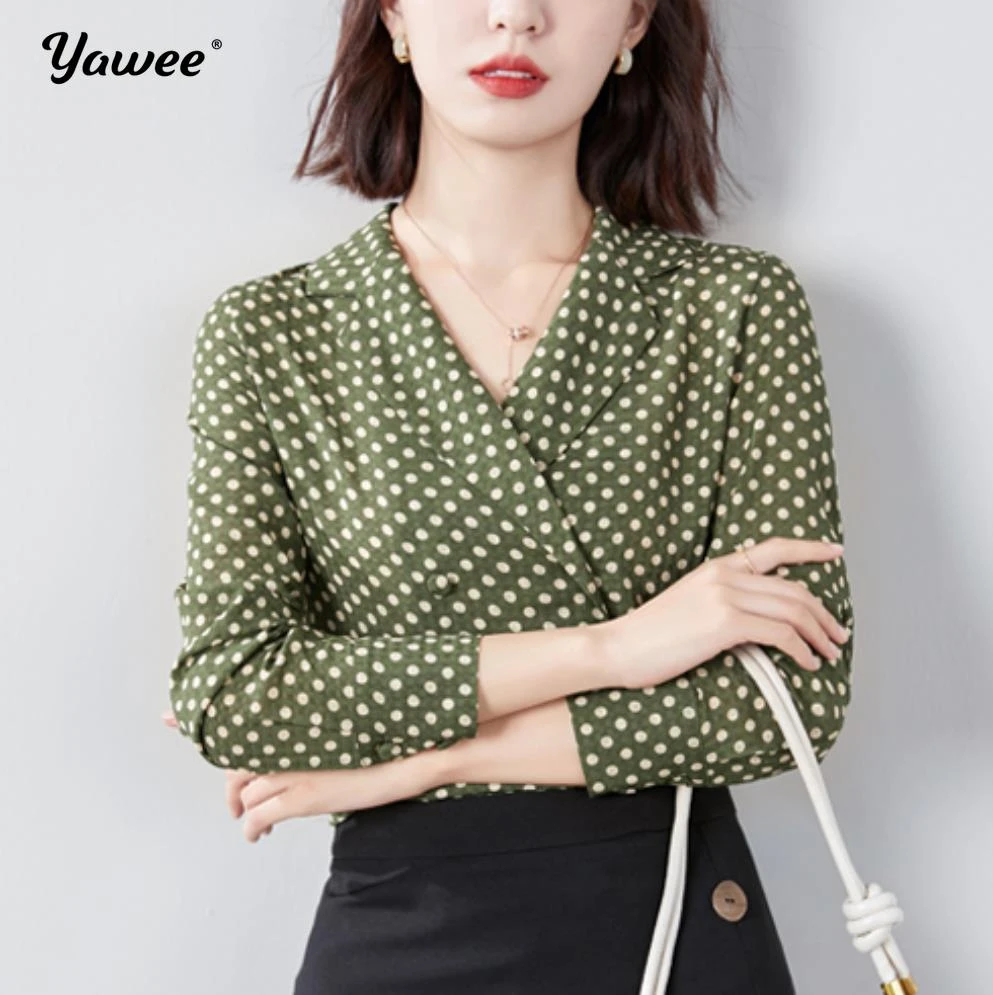 Blusa elegante de lunares verdes para mujer, camisa de manga larga con cuello V, para OL|Blusas y camisas| AliExpress