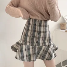 Винтажные шерстяные короткие юбки Jupe Femme, однобортные, высокая талия, Осень-зима, женские клетчатые юбки, женские вечерние сексуальные юбки-русалки
