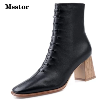 

Msstor Square Toe Genuine Leather Boots Women Fashion Casual Sewing Zipper Winter Women Shoes Thick Heel Ankle Boots Women White
