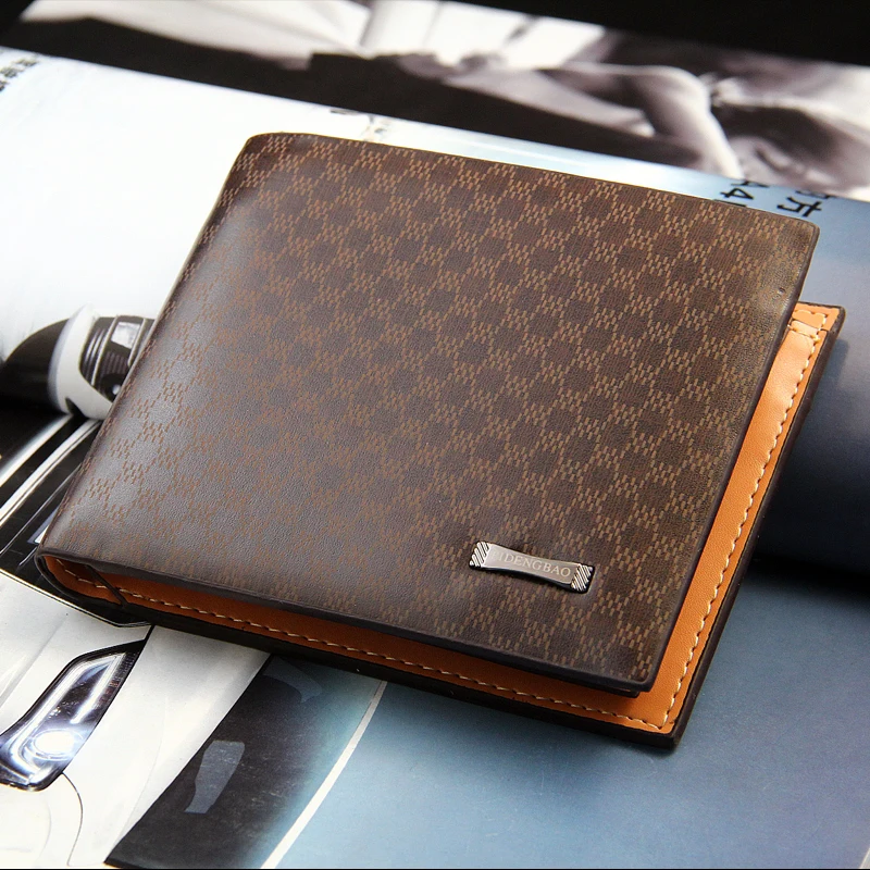 Fashion Business Casual Men's Wallets Plaid Pattern Brown Short Wallet Quality PU Leather ID Credit Card Holder Purse Low Price