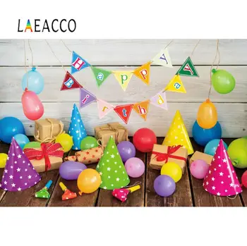 

Laeacco Happy Birthday Party Colorful Balloons Gift Hat Wooden Board Baby Kid Photography Background Photo Backdrop Photo Studio