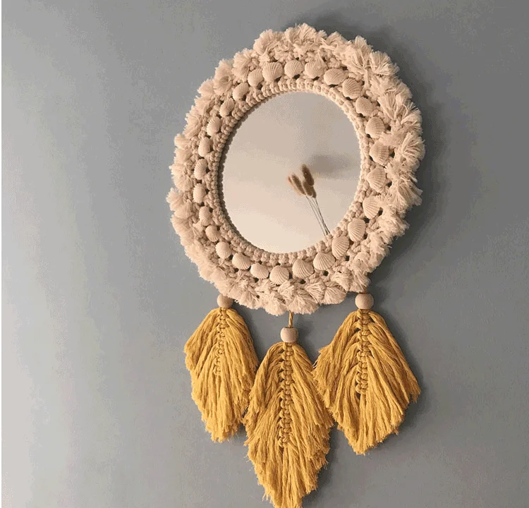 Настенные зеркала с перьями макраме, креативное зеркало Espejos Decorativos для макияжа, для ванной комнаты, с перьями, гобелен, зеркало, Настенный декор