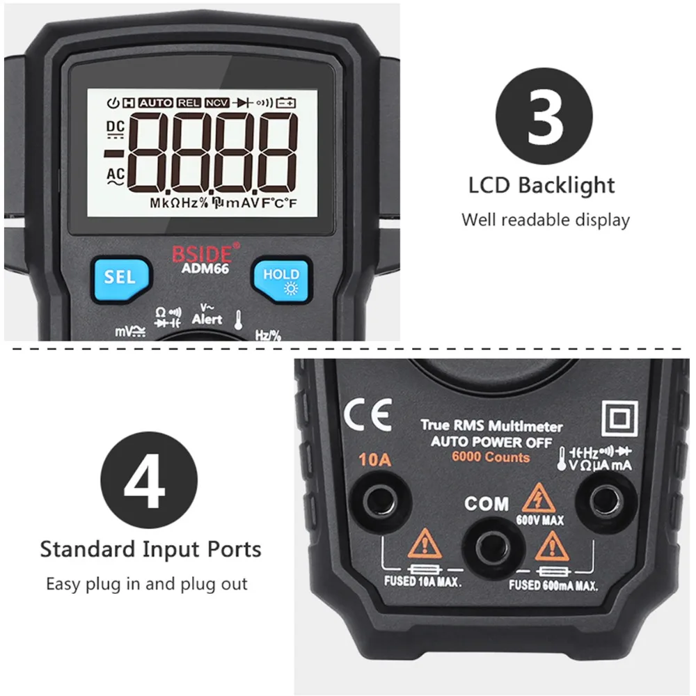 Мини цифровой мультиметр BSIDE ADM66 62 Автоматический диапазон True DC/AC Напряжение Ток Температура Емкость диод тестер