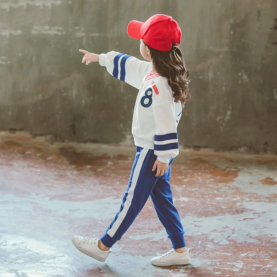 Спортивный костюм для девочек, От 4 до 12 лет топ с цветными блоками и рукавами-фонариками+ штаны с завязками на талии, комплект для девочек, весенний детский спортивный костюм
