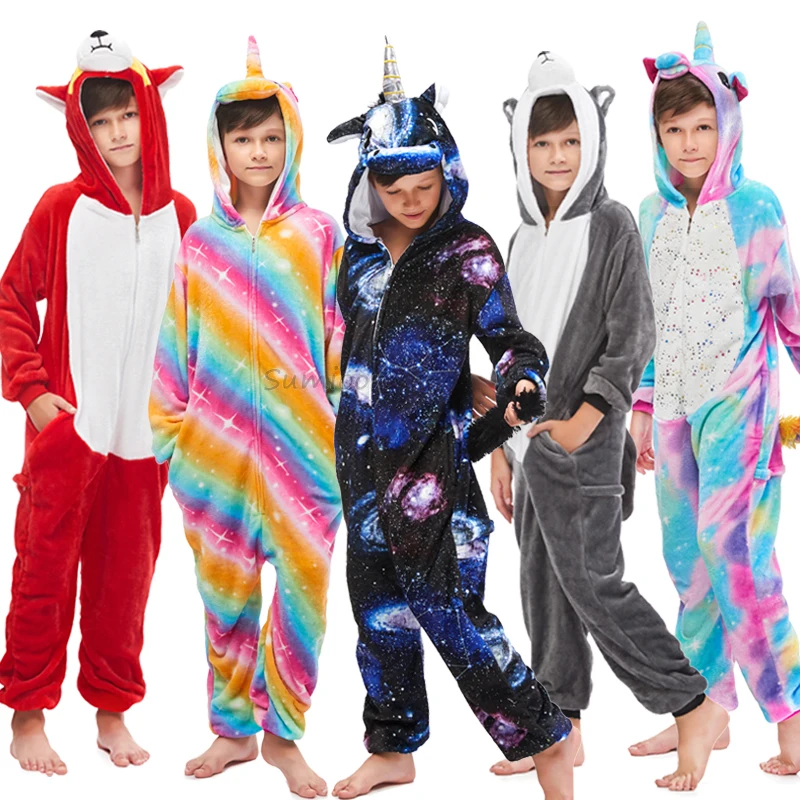 Кигуруми Дети Onesie единорог пижамы для детей животных одеяло с динозавром пижамы Детский костюм зима мальчик девочка Единорог Jumspuit