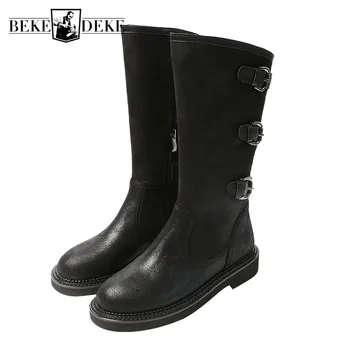 

Belt Buckle Flat Vintage Women Autumn Winter New Motorcycle Riding Boots England Style Black Casual High-Top Shoes Woman