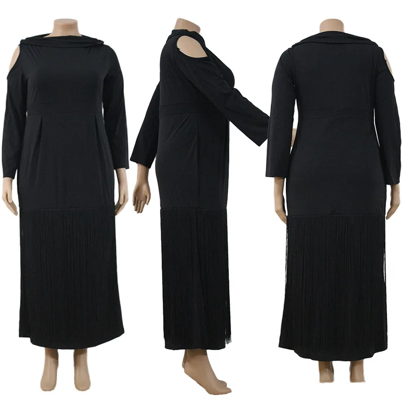 Размера плюс 4xl 5xl черное облегающее Платье макси с кисточками женское элегантное платье-Русалка с открытыми плечами и длинным рукавом Vestidos
