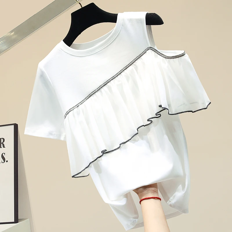 

Irregular Off-Shoulder Stitching Chiffon White Loose Short Sleeve T-shirt Female Summer Top All-match White Black Tshirt Ladies