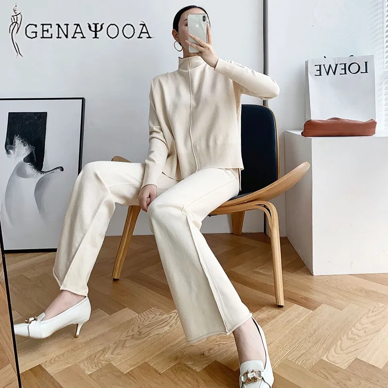 

Genayooa Cashmere 2 Piece Pant Suits For Women Knitted Long Sleeve Two Piece Set Top And Pants Tracksuit Women Outwear Korean