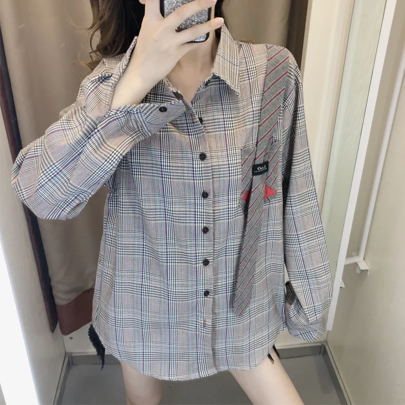 

Autumn 2019 New Plaid Shirt Women Retro Hong Kong Flavor Loose Medium and Long Shirt Plaid Turn-down Collar Shirts Women