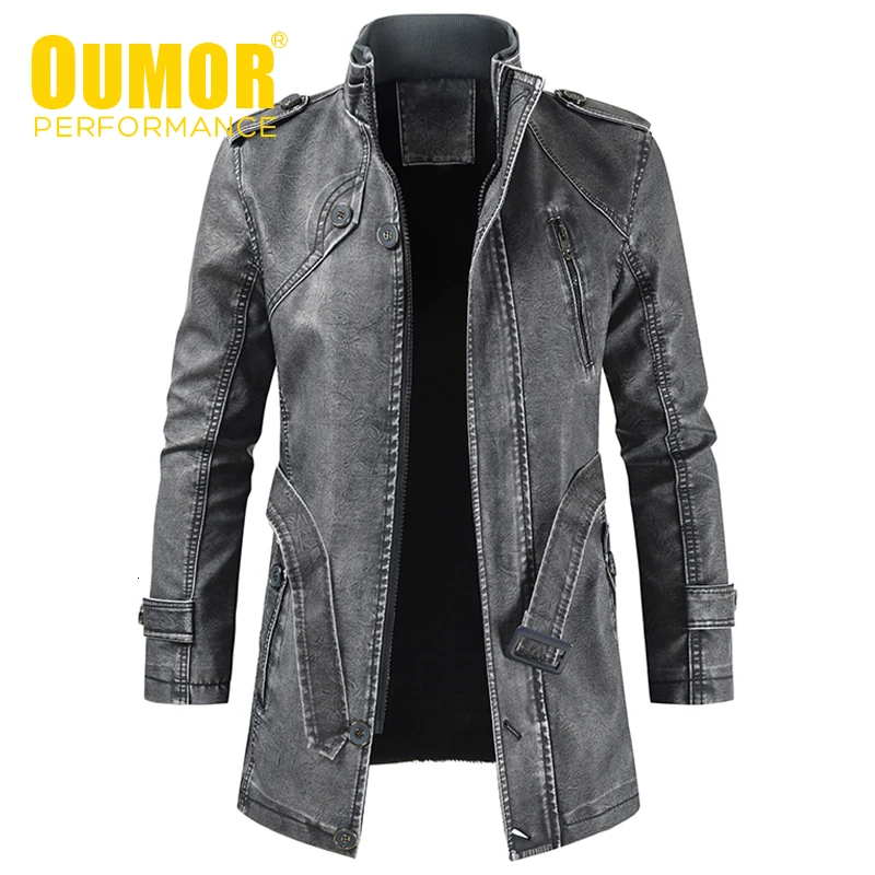Koop Oumor Mannen Winter Merk Nieuwe Lange Dikke Fleece Leren Jas Jas Mannen Uitloper Fashion Warm Casual Vintage Faux Lederen Jas mannen