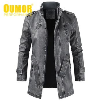 

Oumor Men Winter Brand New Long Thick Fleece Leather Jacket Coat Men Outwear Fashion Warm Casual Vintage Faux Leather Jacket Men