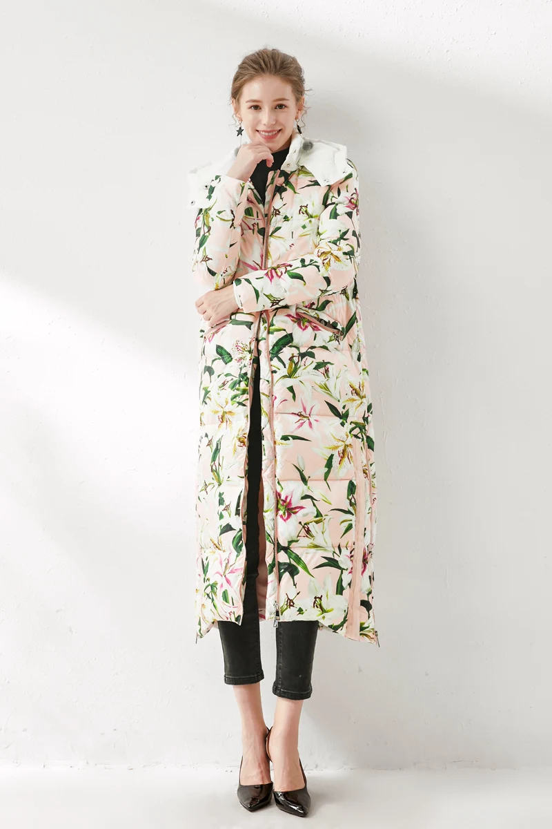 Женское зимнее подиумное пальто с капюшоном, с воротником, с цветочным принтом, белый утиный пух, теплые парки, Элегантное длинное пальто, верхняя одежда