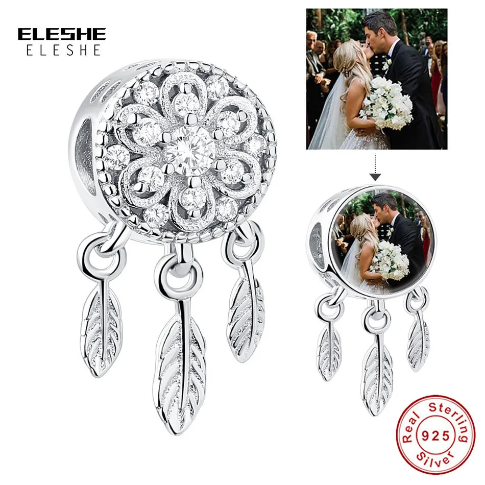 

ELESHE Custom Photo 925 Sterling Silver Dream Catcher Holder Beads fit Pandora Charm Bracelet Necklace DIY Personalized Jewelry