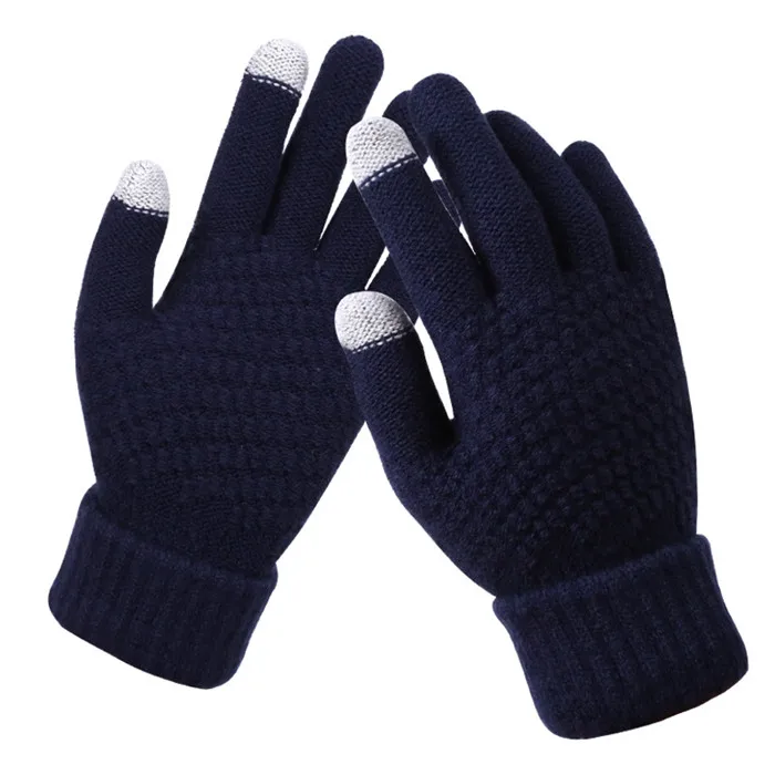 MINHIN Зимние перчатки для сенсорного экрана для женщин и мужчин, теплые вязаные варежки из синтетической шерсти на весь палец, одноцветные перчатки - Цвет: 7280 dark blue