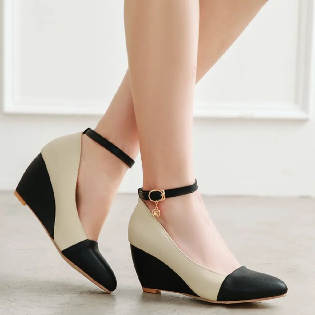 Fashion Office Lady Pointed Toe Ankle Strap Wedge Heel Shoe Women Heels Sandals Genuine Buty Damskie Eleganckie _ - AliExpress Mobile